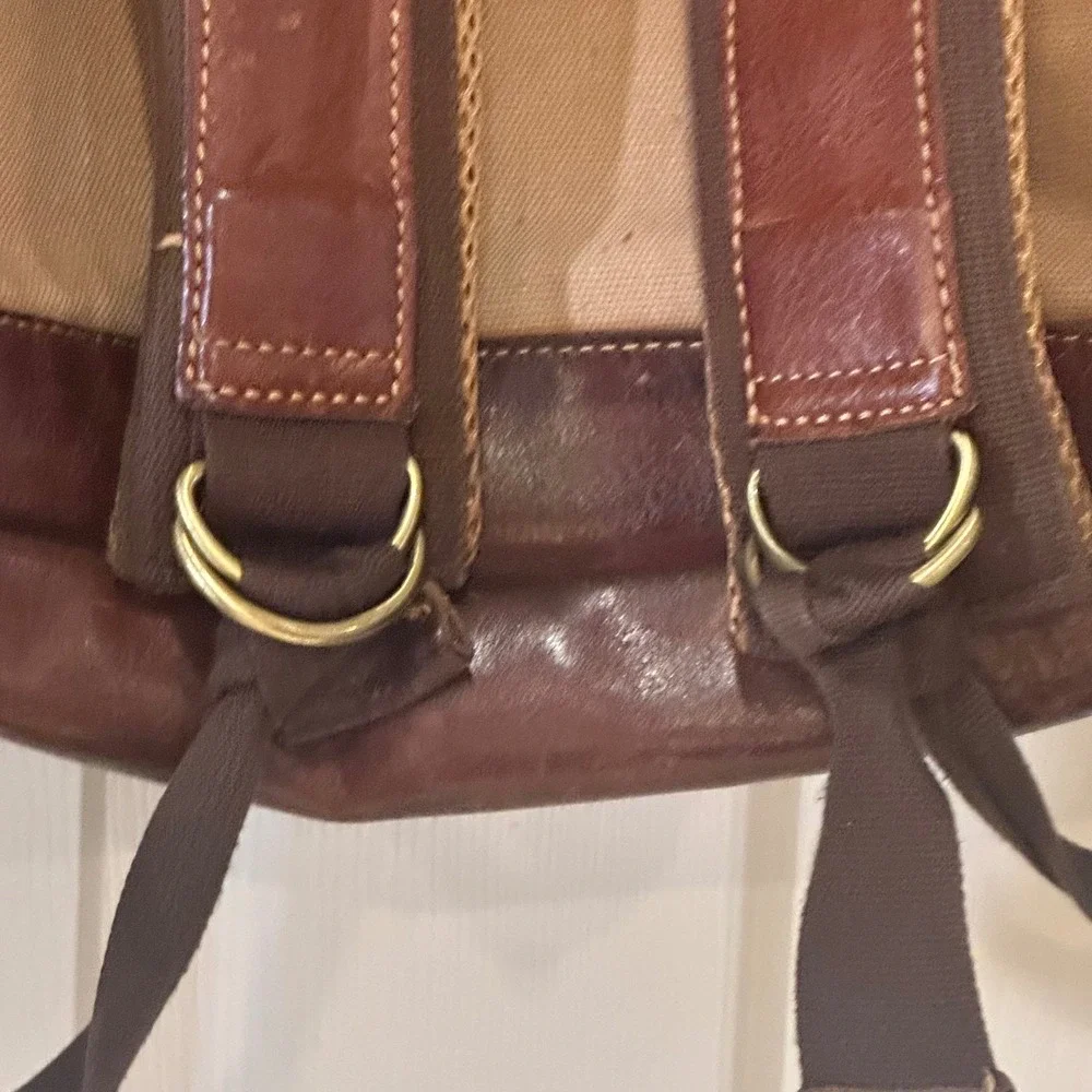 Duluth Trading Co Brown Leather Backpack Laptop Bag Plaid Lining Rugged Mens